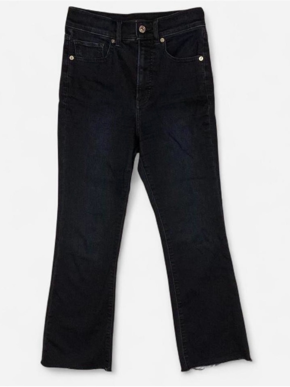 Express High-Rise Raw Hem fringed cropped flare Jeans Dark blue indigo sz 0 25”